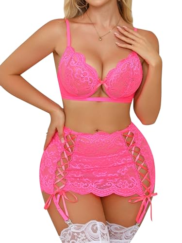 Donnalla Womens lingerie 3 Piece Lace Lingerie Set Bra and Panty Sets with Skirt Garter Belt, Teddy Babydoll Underwired (NO STOCKINGS) Hot Pink - image 1