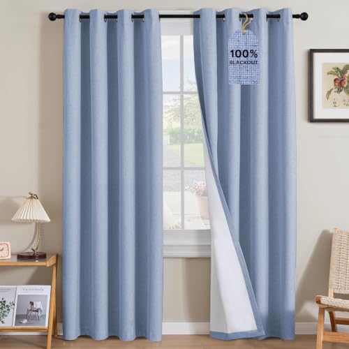 Image of H.VERSAILTEX Linen Curtains 100% Blackout Curtains for Bedroom 84 inch Long Full Light Blocking Nature Linen Blended Window Curtains for Living Room Nickel Grommet (2 Panels, Heathered Chambray Blue)