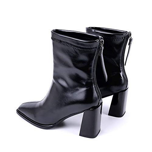 LEHOOR Women's Chunky Heel Ankle Boots Square Toe Back Zipper Patent Leather Mid Calf Booties High Block Heel Dress Mid Boots Casual Cute Winter Warm 4-11 M US3