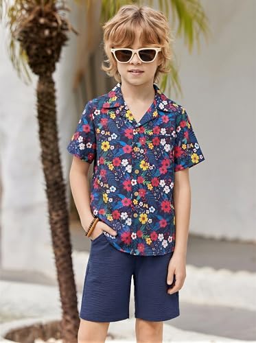 Image of Arshiner Boys 2 Pieces Summer Beach Outfits Short Sleeve Button Down Shirts and Shorts Vacation Texture Sets for Kids
