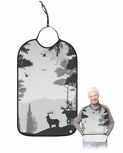 LEOKOTI Forest Elk Adult Bibs for Eating, Waterproof Bibs with Food Catcher & Adjustable Snap Closure, Country Rustic Wild Animal Tree Gary Black Washable Clothing Protectors Adult Bibs for Elderly