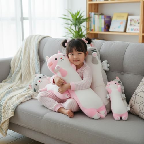 Image of Long Cat Plush Pillow, Cute Cat Stuffed Animal Body Pillow with Wings, Soft Kawaii Kitty Hugging Pillow, Christmas Valentine's Birthday Gift for Kids Girls Boys (Pink, 60cm /23.62in)