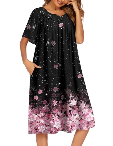Image of Ekouaer Womens Nightgown Short Sleeve House Dress with Pockets-Floral Print Mumu Dress