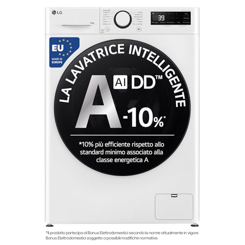 LG AI DD F4WR6010AGW Lavatrice 10 kg Serie R5, Carica Frontale, Classe A-10%, 1400 giri, TurboWash 360, Lavaggio a vapore, Motore Direct Drive, Smart Diagnosis, Libera installazione, Bianca