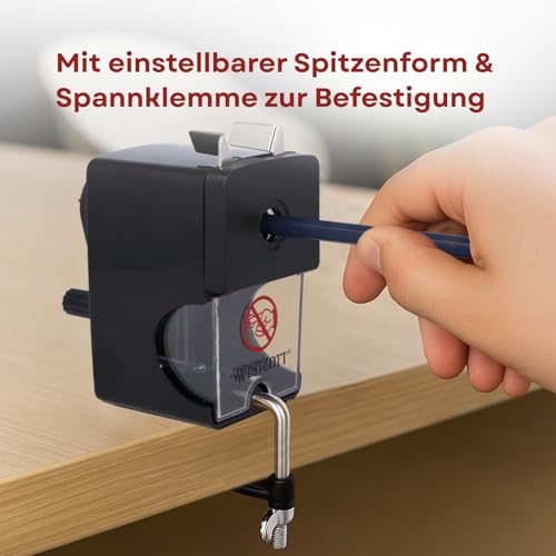 Westcott Spitzmaschine mit Kurbel | Manueller Anspitzer für Stifte 7-12mm | Spitzer mit Dose und Tischklemme | Einstellbare Spitzenform spitz oder rund | E-14216 00