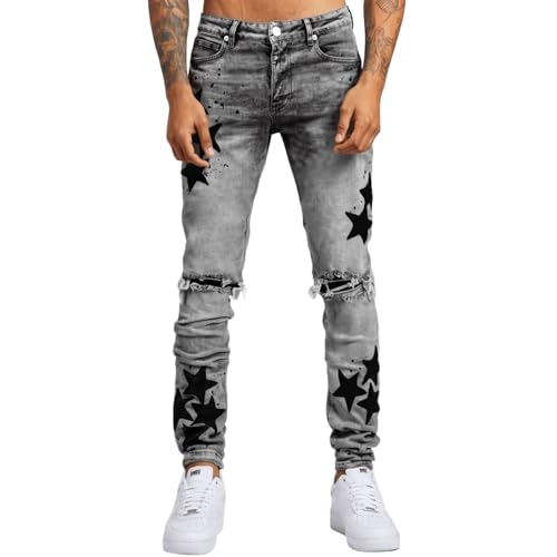 Men's Embroidered Star Jeans Distressed Stretch Slim Fit Stacked Jeans Straight Leg Hip Hop Denim Pants Streetwear