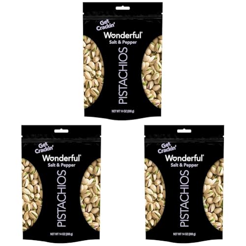 Wonderful Pistachios In Shell, Salt & Pepper Flavored Nuts, 14 Ounce Bag, Protein Snacks, Gluten Free, Healthy Snacks (Pack of 3)