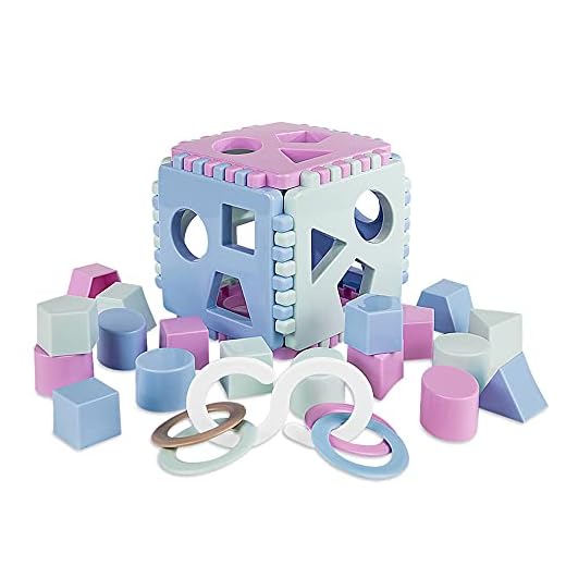 Mimtom Shape Sorter Toy | Re-buildable Baby Play Cube with 18 Sorting Blocks and Teething Rattle | Learning Toy Made in The EU - Purple, Blue & Green