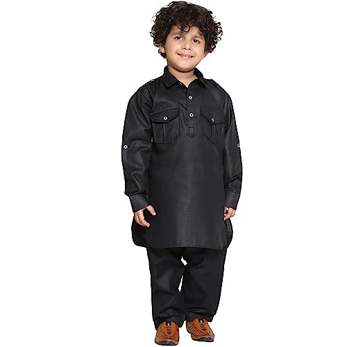 Image of AJ DEZINES Kids Cotton Full Sleeve Solid Black Pathani Suit Set for Boys - Ethnic Wear | Traditional | Festival Wear for boys - Regular Fit