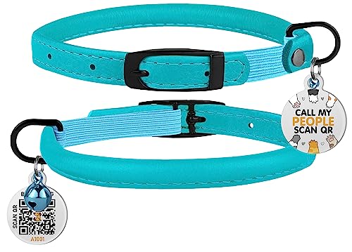 Bronzedog Cat Collar With Bell Kitten Rolled Leather Collars Safety Qr Id Name Tag (8" - 10", Aqua Blue) #TOP5