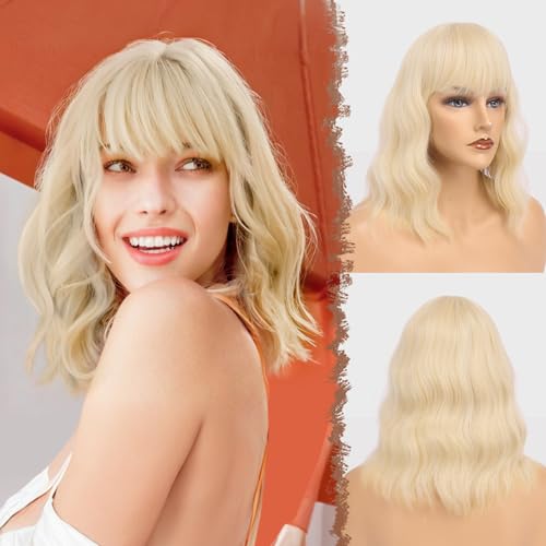 FESHFEN Perucas loiro platina ondulado com franja para mulher, 35 cm peruca Bob encaracolado curta sintética perucas de cabelo parte média comprimento do ombro de festa