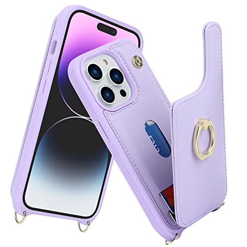 Image of for iPhone 14 Case with Card Holder and Strap for Women,Crossbody Lanyard,Ring Stand,Snap Clasp,Phone Wallet Cases 6.1 inch(Purple)