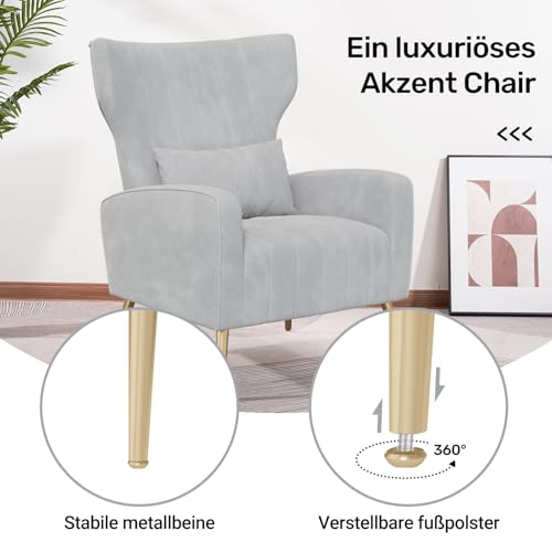 Hawthyhome 2er-Set Relaxsessel/Einzelsofa/Fernsehsessel/Ohrensessel mit Kopfkissen und Gold Metallfüßen aus Samt bis 130kg Schlafzimmer Wohnzimmer Gray
