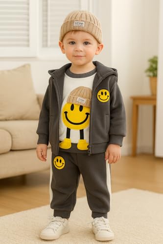 Image of Bold N Elegant Kids Polyester Printed 3d Happy Smile Face Cartoon Winter Warm Hoodied Jacket Sweatshirt and Pajamas 3 Pc Layering Party Clothing Set