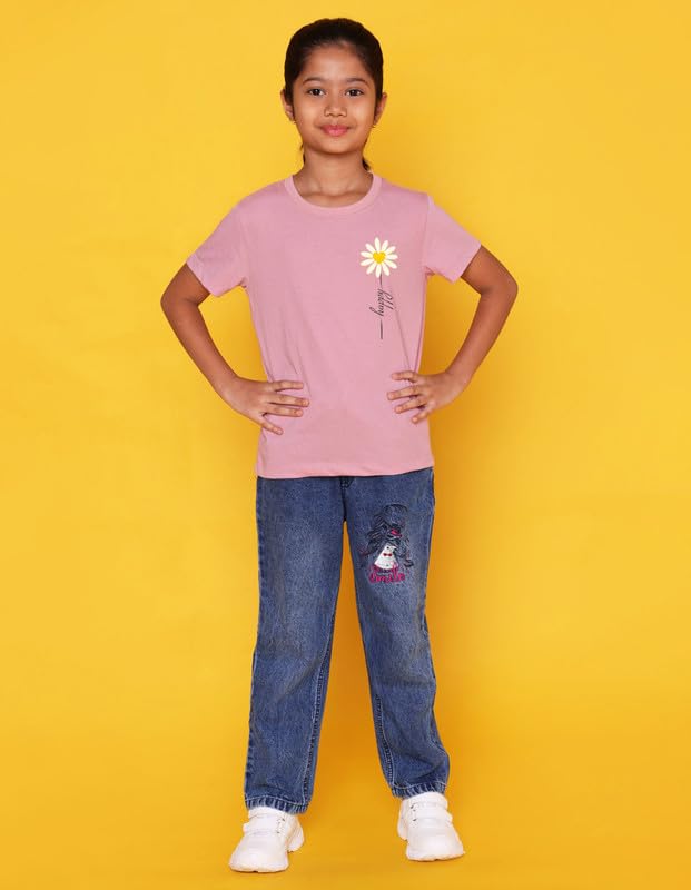 Image of Nusyl Girls Half Sleeves T-Shirt for Kids | Cute Printed Casual Wear | Soft Cotton Blend | Comfortable Regular Fit | 2-16 Years | Multiple Colors & Pack Options