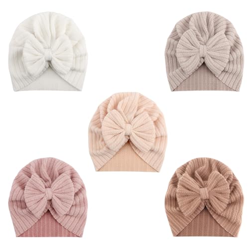 Image of DRESHOW BQUBO 5 Pieces Newborn Baby Turban Hats Bow Baby Infant Beanie Breathable Toddler Cap for Baby Girls