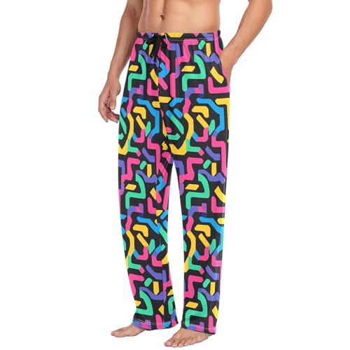 Men's Colorful Maze Pajama Pants with Pockets - Straight Fit Cotton Sleep Bottoms for Lounge & Nightwear#7554