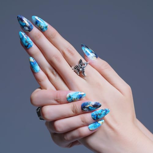 GLAMERMAID Press on Nails Medium Almond,Ombre Blue False Nails with Marble Design,Gel Glue - image 2