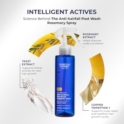 Image of Conscious Chemist Full Strength Anti-Hairfall Rosemary Spray | Post Wash Spray with Rosemary Extract, Yeast Extract & Copper Tripeptide-1 | Reduces Hairfall & Softens Strands | StrandBoost️ Technology | For All Hair Types | Women & Men | 200ml (Pack of 2)