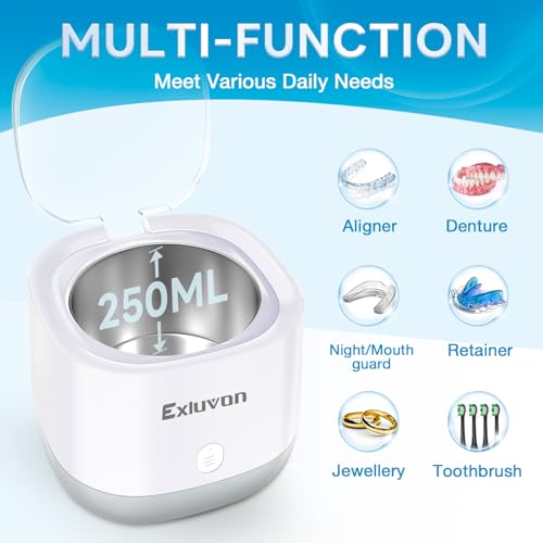 Exluvon Ultrasonic Retainer Cleaner 45kHz, 250ML Portable Jewelry Cleaner, Professional Retainer Cleaner Machine for Denture, Mouth Guard, Aligner - Thumbnail 5