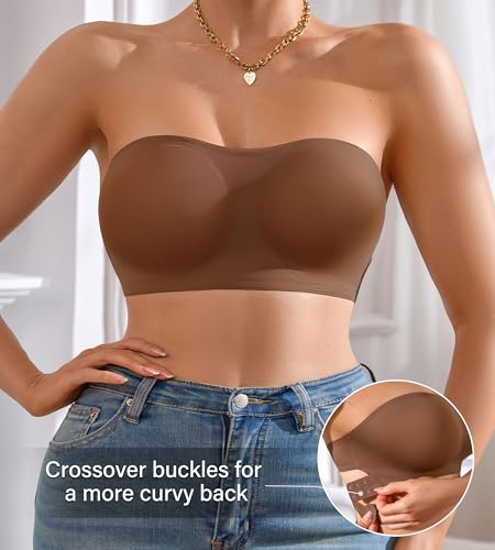 Image of DEANGELMON Strapless Bra for Women Crossover Side Closure Non-Slip Silicone Padded Bandeau Bras Wireless Tube Top Bra