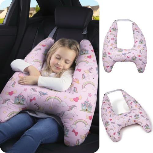 Image of eaonitu Travel Pillow Car Cushion for Kids 6 Years Old+ Shoulder Neck Back Support & Seat Belt Comfort, Road Trip Cozy Sleeping Gift for Young Travelers, Parents, Families, Baby Shower (Unicorn Pink)