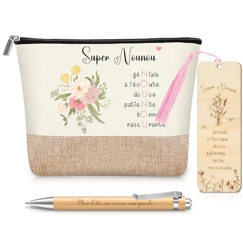 Photect 3 Cadeau de Nounou Trousse à Maquillage Marque Page Maitresse en Bois avec Pompons Stylo à Bille Cadeau Nounou Fin de Contrat ou Noël Anniversaire...