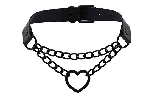 Kjiasiw Love Heart Adjustable Leather Choker Punk PU Necklace Goth Choker Soft Collar Chain for Women Girls (Black)