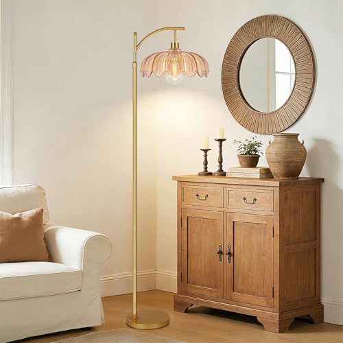 Image of QIYIZM Floor Lamp for Living Room,Bedroom,Gold Dimmable Standing Lamp with Remote,Mid Century Modern Brass Tall Lamp Retro Vintage Glass Lamp Floor Light Boho Bohemian