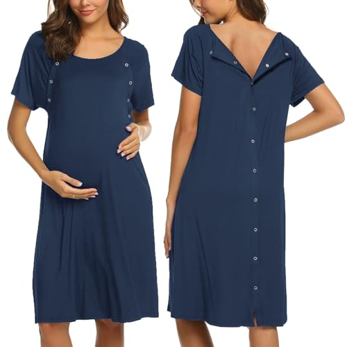 Image of Ekouaer Women’s Nursing/Delivery/Labor/Hospital Nightdress Short Sleeve Maternity Nightgown with Button S-XXL