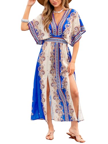 Image of CUPSHE Womens Tropical Floral Maxi Dress V Neck Short Sleeve Smocked Side Slit Dress Summer Vacation Beach Pocket Long Dress