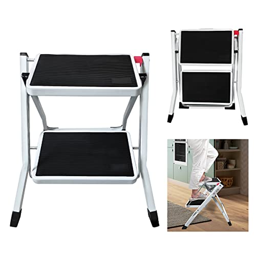 2 Step Ladder Stool 45CM Height Safety Anti-Slip Ladder for Home Kitchen, Compact Folding Step Ladder with Anti-Slip Sturdy Feet and Wide Pedal, Max Load 330LBS