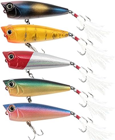 Alwonder 5 Pack Fishing Popper Lure, Fishing Topwater Lures Bass Lures Feathered Treble Hooks Rooster Tail Lures Fishing Plugs Hard Baits