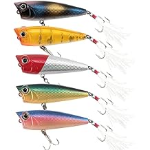 Alwonder 5-Pack Fishing Popper Lure, Fishing Top Water Lures Bass Lures Feathered Treble Hooks Rooster Tail Lure Plugs Hard Baits
