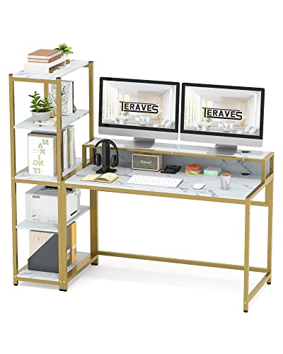 Image of Teraves Computer Desk with 5 Tier Shelves,Reversible Writing Desk with Storage 49 Inch Study Table for Home Office Independent Bookcase and Desk for Multiple Scenes (White Marbling+ Gold Frame)