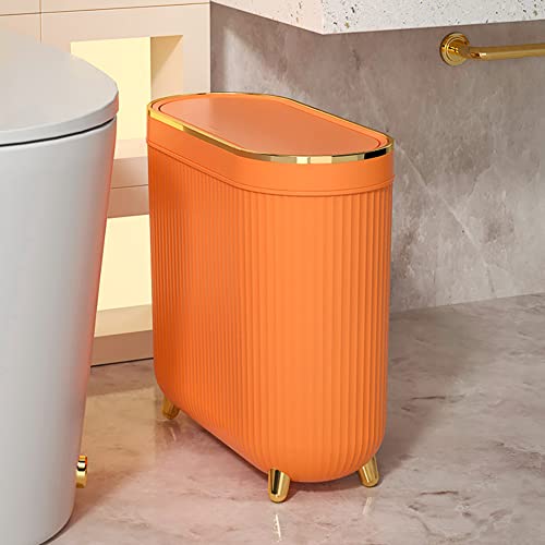 Image of Aupekro Bathroom Trash Can with Lid, 3.1 Gallon /12 Liter Slim Rubbish Bin Wastebasket, Rectangular Plastic Narrow Garbage Container Bin for Living Room, Kitchen, Toilet, Office(Orange)