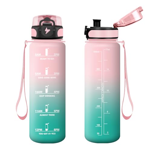 Vikastar Trinkflasche, 500ml BPA-Frie, Trinkflasche Sport, Trinkflasche Kohlensäure Geeignet, Sportflasche für Kinder, Schule, Outdoor, Rosa-Cyan