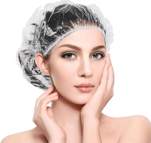 100 Pack Disposable Shower Caps Clear Plastic Hair Caps 20.5/52cm Thickened Waterproof Elastic Caps for Shower Hair Dye Spa Hotel Salon Travel