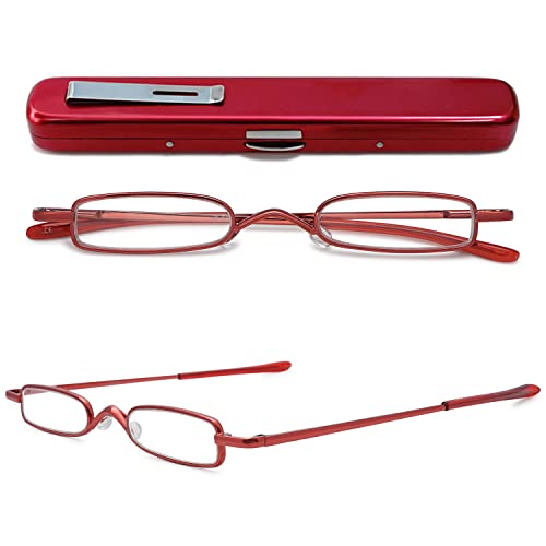 VEVESMUNDO Lunettes de lecture minces en métal à charnière à ressort classique pour femme et homme - Mini légères - Aide à la lecture - Avec étui, 1 Stück Rot Lesebrille, schmal