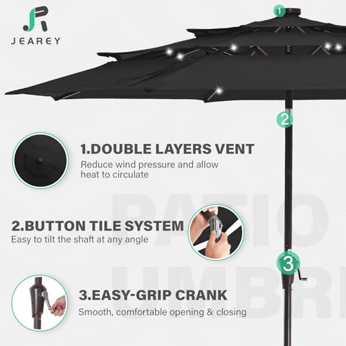 Image of JEAREY 3 Tiers Patio Umbrella with Solar Lights 9ft Outdoor Market Table Umbrellas with Push Button Tilt for Outside Pool Garden, Black