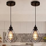 COTTAGE LIFE Black Pendant Light Fixtures 2 Pack, Farmhouse Industrial Metal Cage Pendant Lights, Adjustable Hanging Light Fixtures for Kitchen Island, Dining Room, Bar, Bedroom, Hallway
