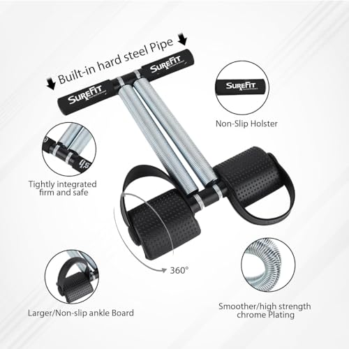 Image of SUREFIT Tummy Trimmer Double Spring with Comfortable Foam Grip Handle & Ab Roller Wheel Combo for Men & Women | Home Workout Fitness Kit for Abs, Arms & Core Training (Black)