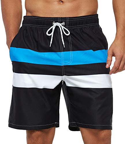 SILKWORLD Mens Swimming Trunks Quick Dry Athletic Beach Boardshorts with Mesh Lining with Mesh Liner, Striped_Black/Blue/White, US Large