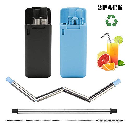 BYBOT - Pajita reutilizable plegable de acero inoxidable y silicona de grado alimenticio, con soporte de estuche duro y cepillo de limpieza, para fiestas, viajes, exteriores (Blue & Black)