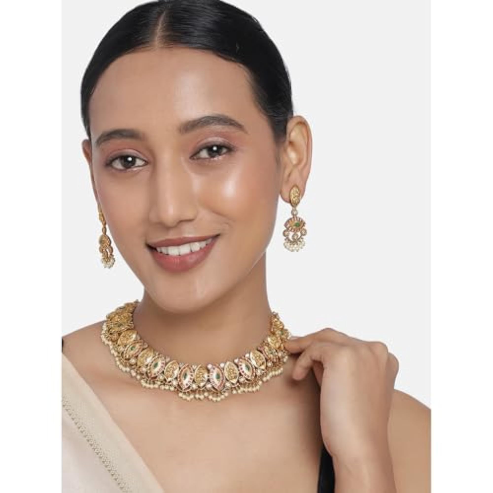 Women's Finish Goddess Laxmi Necklace Earrings Indian Temple Set
