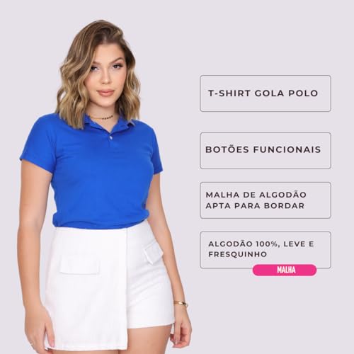 Camisa Polo Feminina de Algodão de Manga Curta com Tecido Confortável (BR, Alfa, M, Regular, bic)