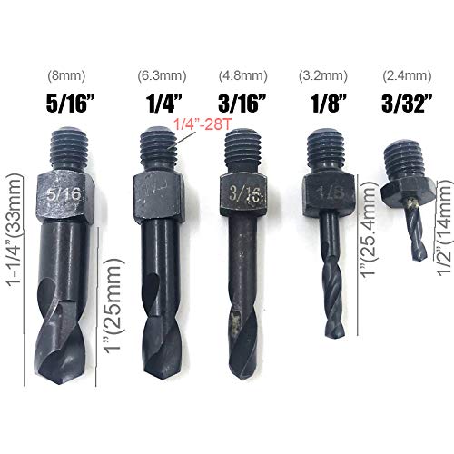 jitterbug 90 Degree Right Angle Air Drill Pneumatic Extended Long Shaft Airplane Drill 1/4\"-28 Chuck Size 0.3HP with 5 Pieces Threaded Drill Bits for Industrial Aircraft Maintenance