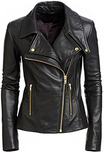 SAMS Classic Women Genuine Leather Jacket - Ladies Slim Fit Motorcycle Jacket Black