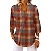 Business Casual Tops for Women 3/4 Sleeve V Neck Collared Loose Fit Funny T Shirts 2026 Summer Grid Blouses Dressy Casual Oversize Women Blouse Travel Cute Clothes Saffron M