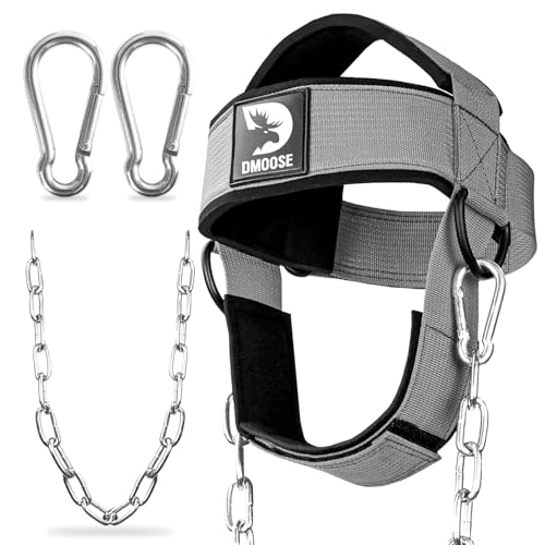 Image of DMoose Fitness Neck Head Harness Resistance Training. Extra-Heavy D-Rings Steel Chain, Comfort Fit Neoprene, Superior Saddle Stitching. Build A Thicker Neck Durable Exercise Neck Strap
